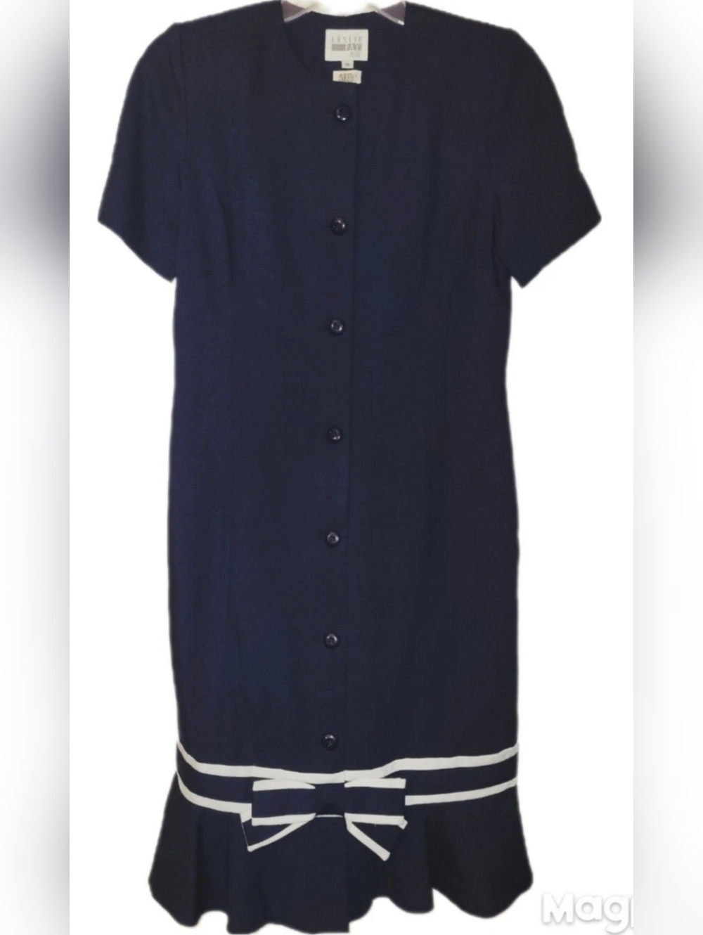 Vintage Leslie Fay Size 8 Petite Navy Drop Waist Button Up Dress Bow Accent...